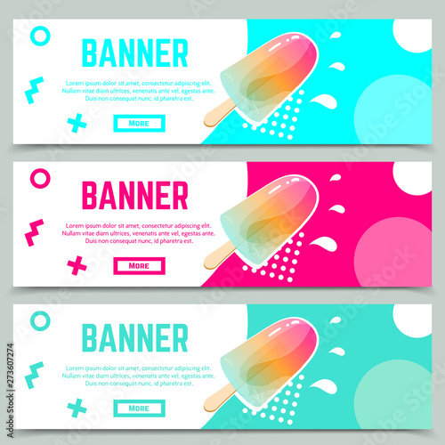 Set of abstract web banner templates in memphis style with fresh summer popsicle.