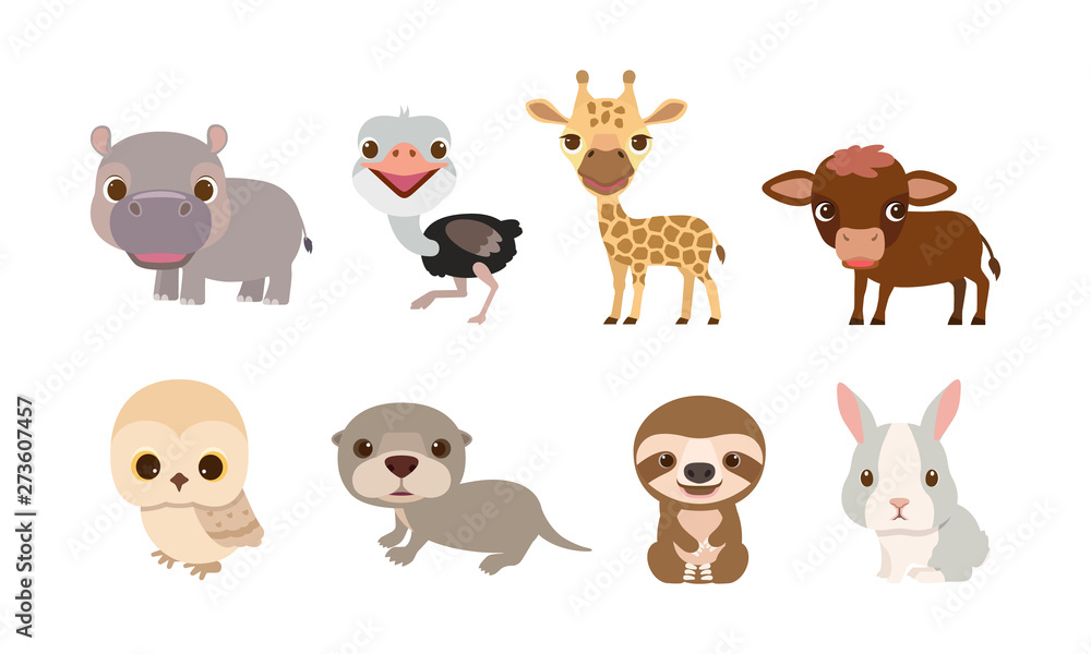 Vector cute animals series, Hippo, giraffe, ostrich, owl, Otter and the sloth on the white background