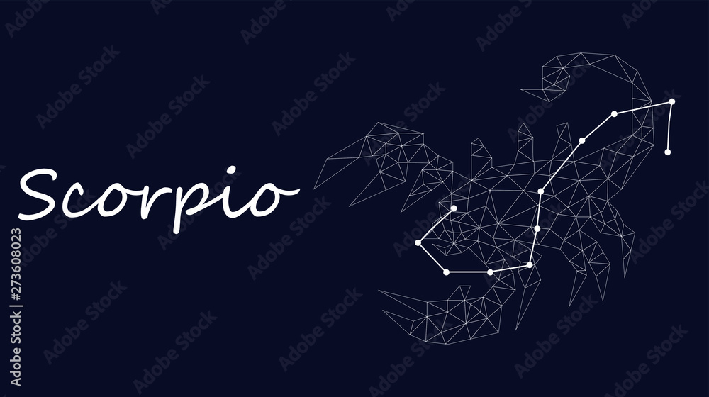 Obraz premium Scorpio Zodiac sign constellation vector. Horoscope sign constellation stars. Abstract crystal space dark sky background with dots stars. Vector Astrology silhouette scorpio illustration white symbol