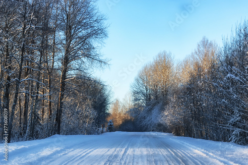 winter road landscape sunlight snow