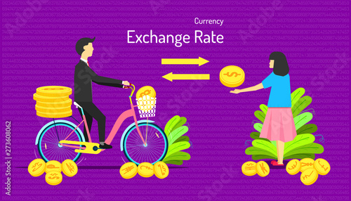 the currency exchange rate. transfer money different type of coin. male give many medal to female one medal. number background. vector illustration eps10