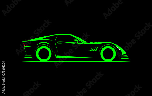 stylized simple drawing sport super car coupe side view on a dark background