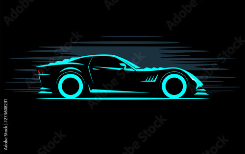 stylized simple drawing sport super car coupe side view on a dark background
