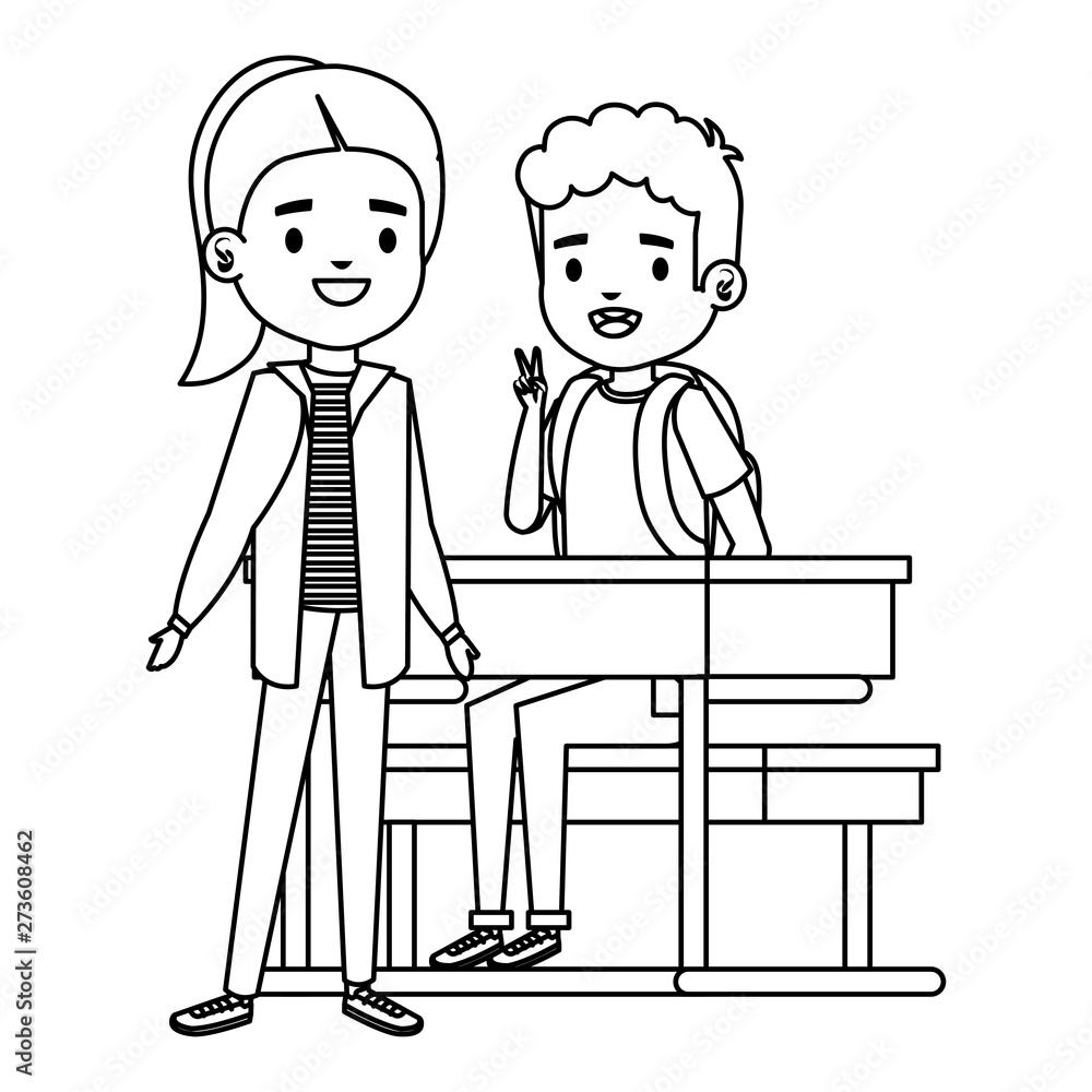 cute little students couple in school desk cute little students couple in school desk