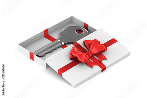key in gift box on white background. Isolated 3D illustration