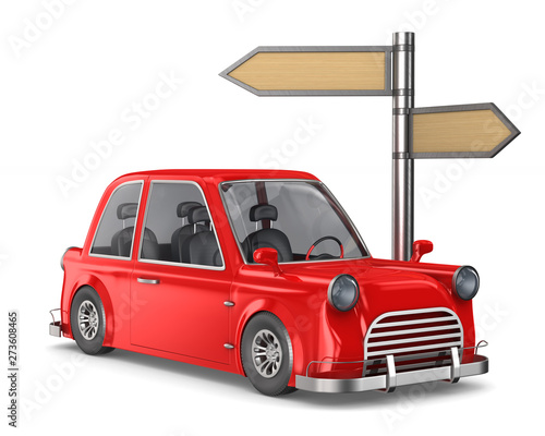 Red car and road pointer on...
