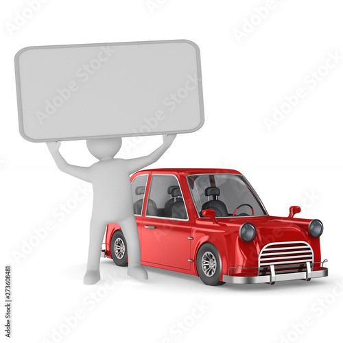 Man with banner and red car...