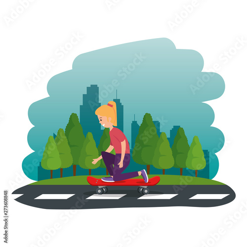 happy young girl in skateboard on the road