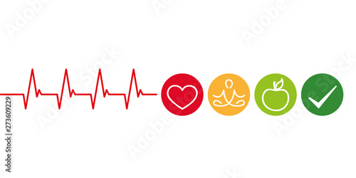 healthy lifestyle concept cardiology with heart yoga and green apple vector illustration EPS10