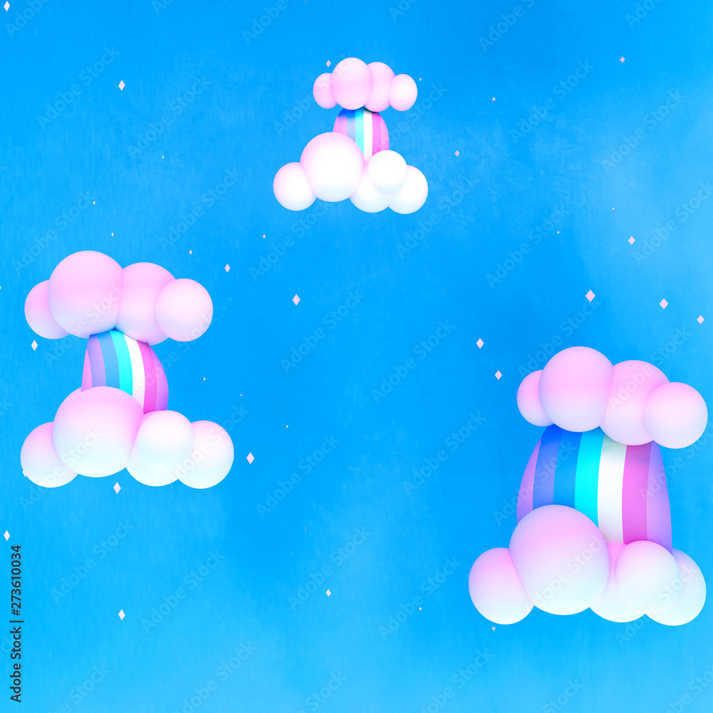 Pastel rainbows and clouds in the sky. 3d rendering picture.
