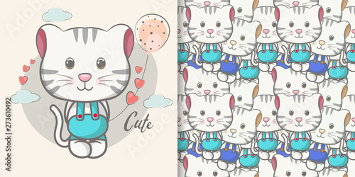 Fototapeta Naklejka Na Ścianę i Meble -  cute baby cat cartoon with seamless pattern