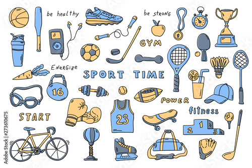 Set of sport elements with lettering. Cute doodle hand drawn vector illustration.