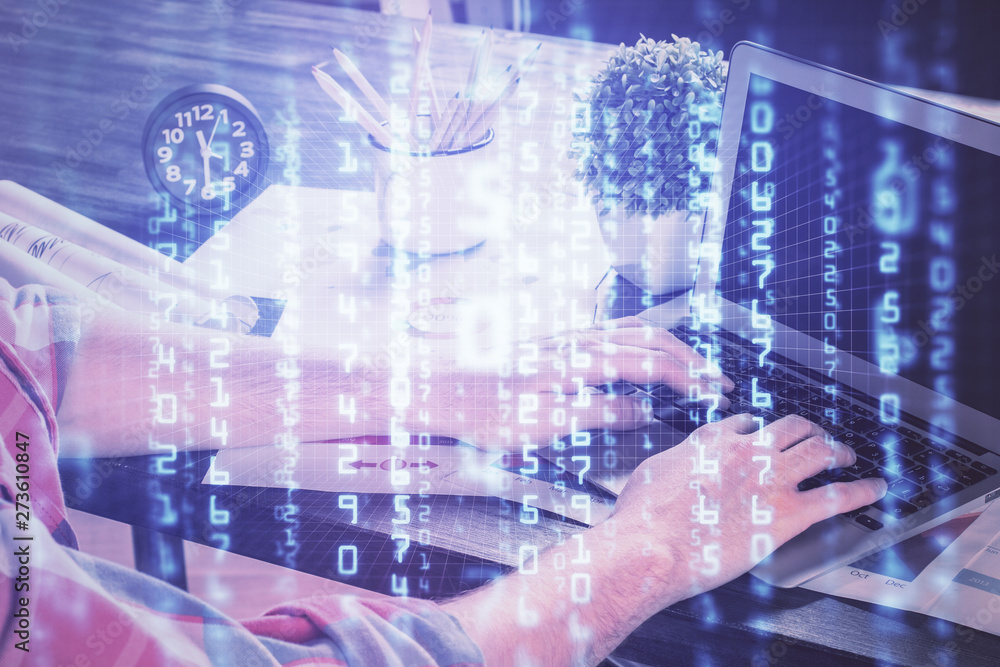Double exposure of technology hologram with man working on computer background. Concept of big data. Double exposure of technology hologram with man working on computer background. Concept of big data.