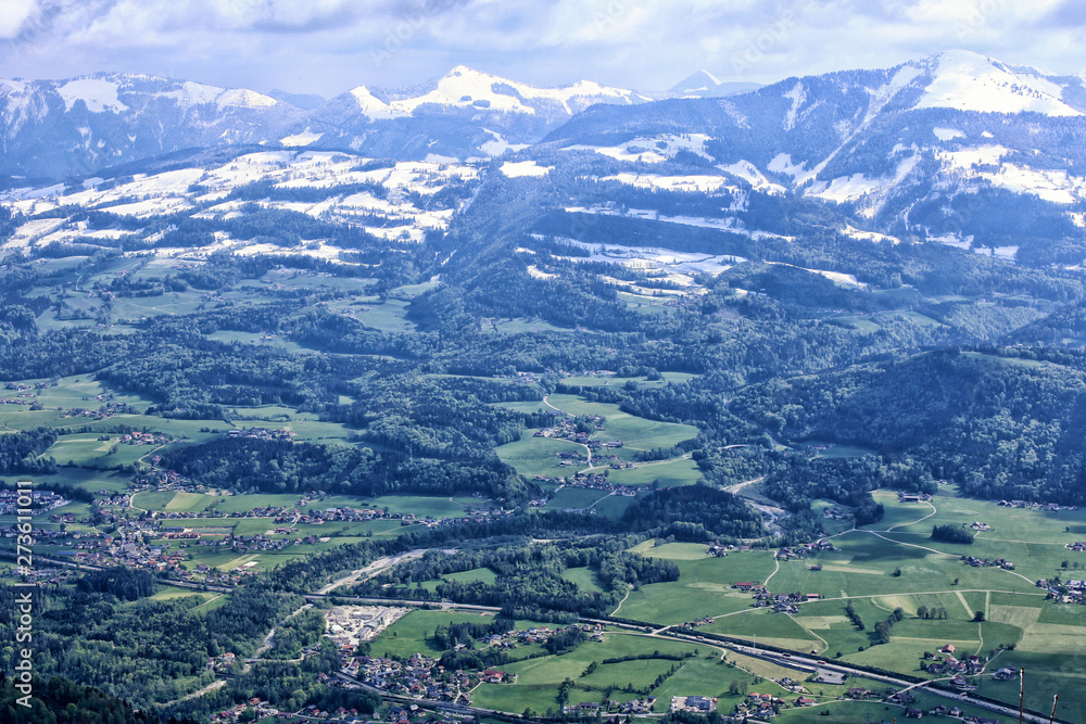 Salzburg alpine valley from the top with cloudy sky