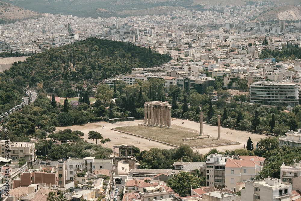 Aerial view of Zeus temple from the the Acropolis area in a sunny day in the capital of Greece - Athens - travel destination concept
