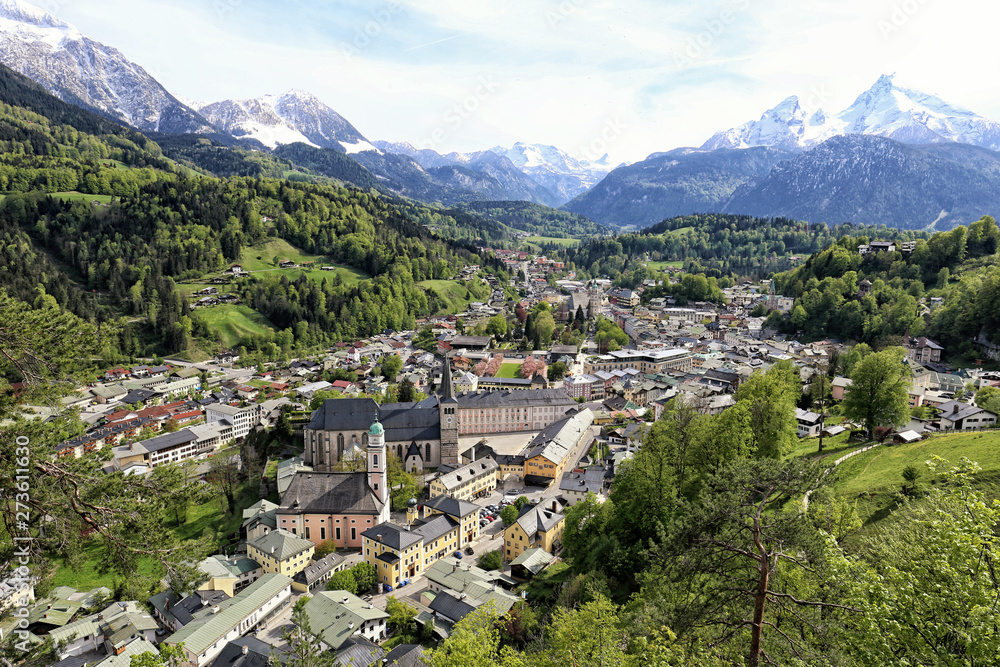 City of Berchtesgaden center with church and castle