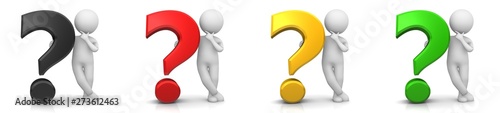 question mark 3d black red golden yellow green interrogation point queries standing thinking asking stick man person sign multi colored symbols icon set isolated on white background photo