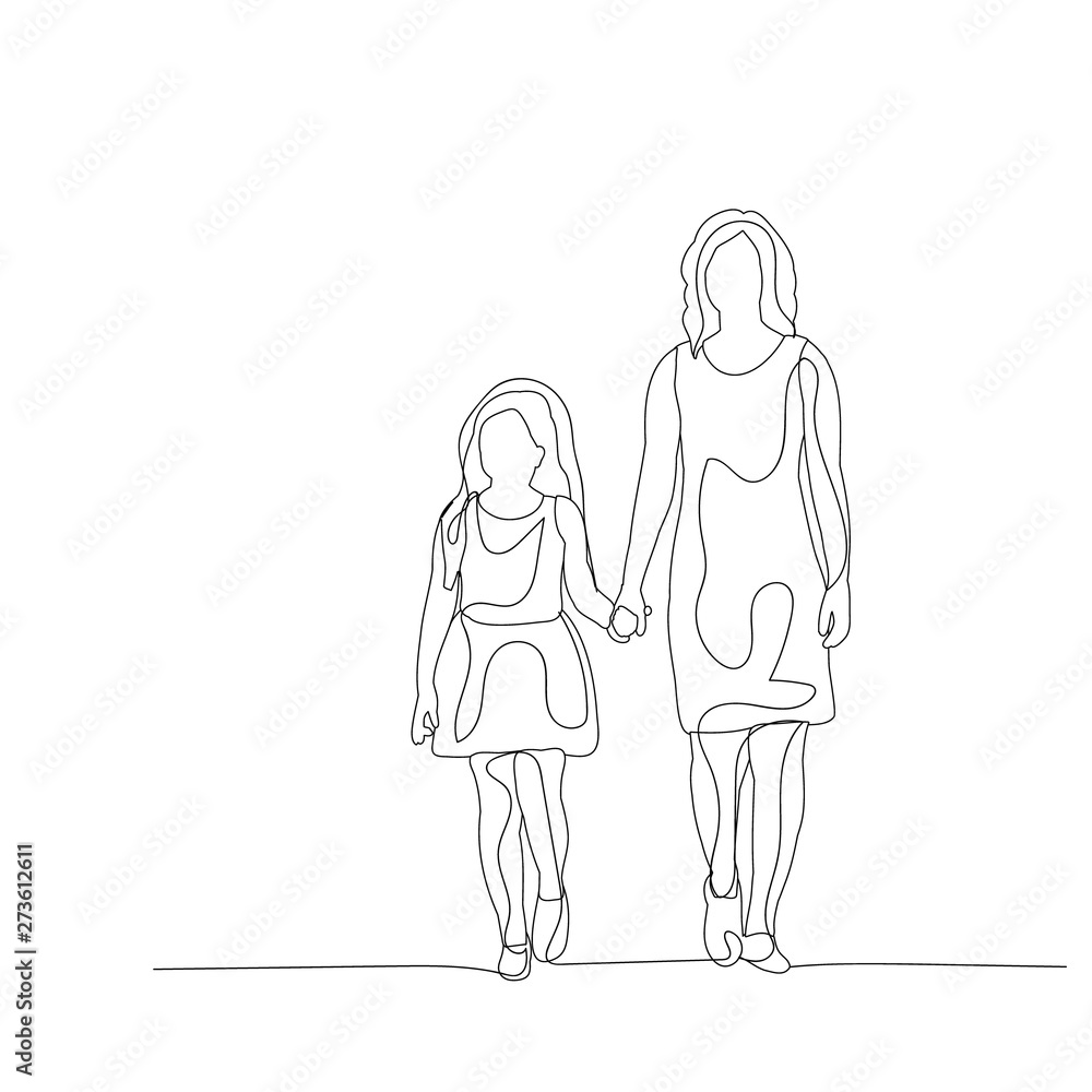 isolated, sketch of lines, mom and daughter, family