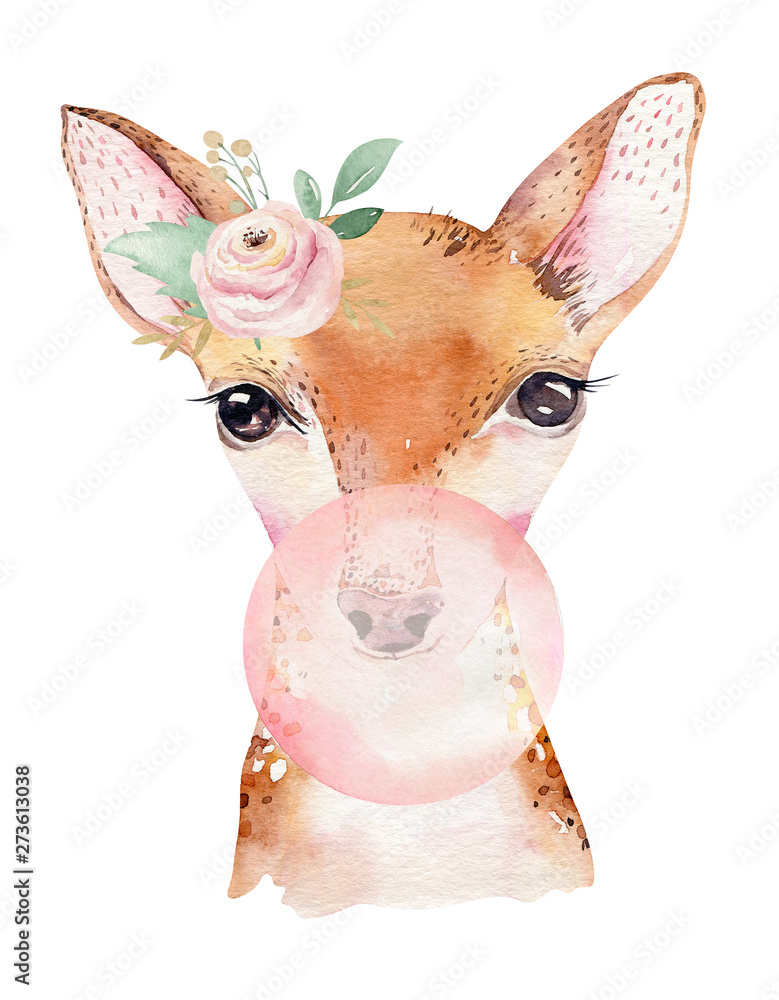 Watercolor forest cartoon isolated cute baby deer, animal with flowers.  Nursery woodland illustration. Bohemian boho drawing for nursery poster,  pattern Stock Illustration | Adobe Stock
