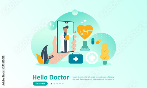 Online Doctor Concept with video conferencing people consultation to the doctor via smartphone. Suitable for web landing page, ui, mobile app, banner template. Vector Illustration 
