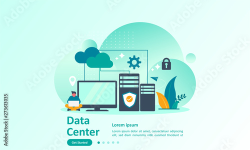 Data Center concept, cloud Computer Connection to server center with people character, Suitable for web landing page, ui, mobile app, banner template. Vector Illustration