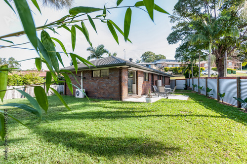 Australian backyard with bamboo along the fence line and grass area in the backyard. A brick house.