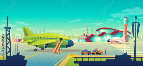 Vector cartoon airport landscape, green airliner, jet on runway. Loading of luggage on commercial airplane with passenger ladder on background of building with control tower. Concept banner