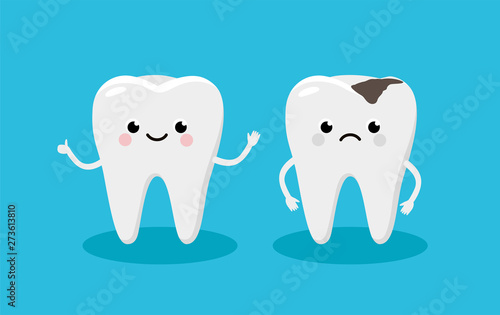 Happy Healthy Tooth and Moody Tooth with cavity Cartoon characters in flat design. Dental Infographic elements concept vector illustration in flat design.