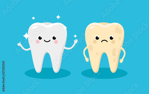 Cleaning and whitening teeth concept vector illustration. Snow-white Happy Tooth and Yellow Moody Tooth Cartoon characters in flat design. Tooth before and after whitening infographic elements.