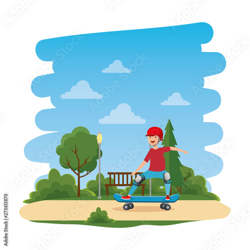 happy young boy in skateboard on the park scene