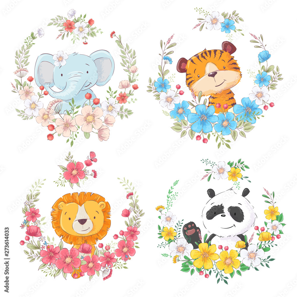 Set of cartoon cute animals elephant tiger lion and panda in flower wreaths for kids clipart.