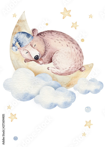 Cute dreaming cartoon animal hand drawn watercolor illustration. Sleeping charecher kids nursery wear fashion design, baby shower invitation card. photo