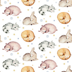 Fototapete Rehkitz-Muster Schlafende Tiere Aquarell Babyzimmer Muster  © kris_art