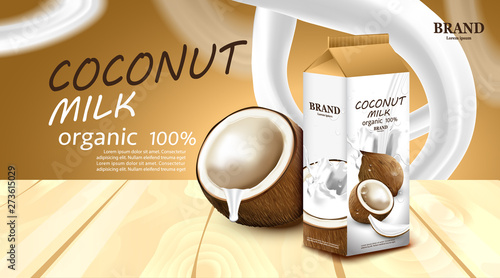 Coconut milk with package design and wooden floor on brown background