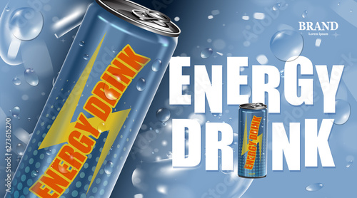 Fresh energy drink in can with bubble and water background, Package and  Energy drink product poster