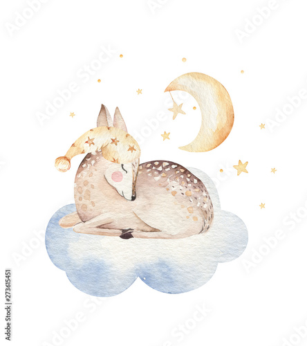 Cute dreaming cartoon deer animal hand drawn watercolor illustration. Sleeping charecher kids nursery wear fashion design, baby shower invitation card. photo