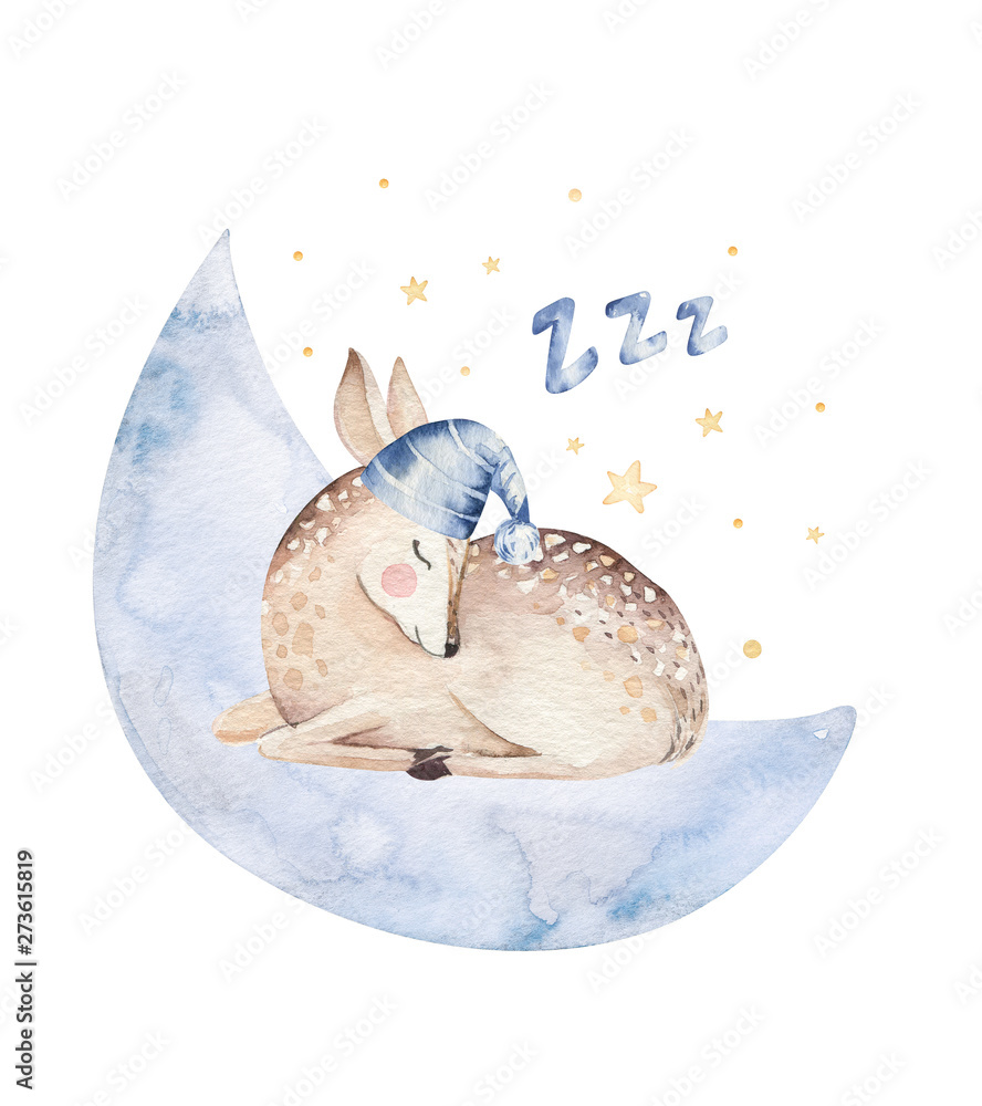 Obraz Cute dreaming cartoon deer animal hand drawn watercolor illustration. Sleeping charecher kids nursery wear fashion design, baby shower invitation card.