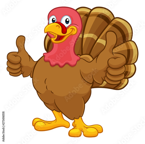 Turkey Thanksgiving or Christmas bird animal cartoon character giving a double thumbs up