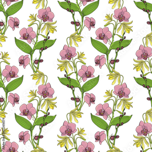 Seamless pattern with orchid flowers, nature floral background
