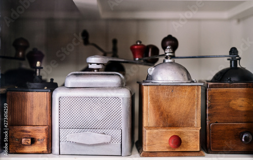 Old fashioned items on wooden shelf. Colorful of ancient collection in vintage style. Royalty high quality free stock image.