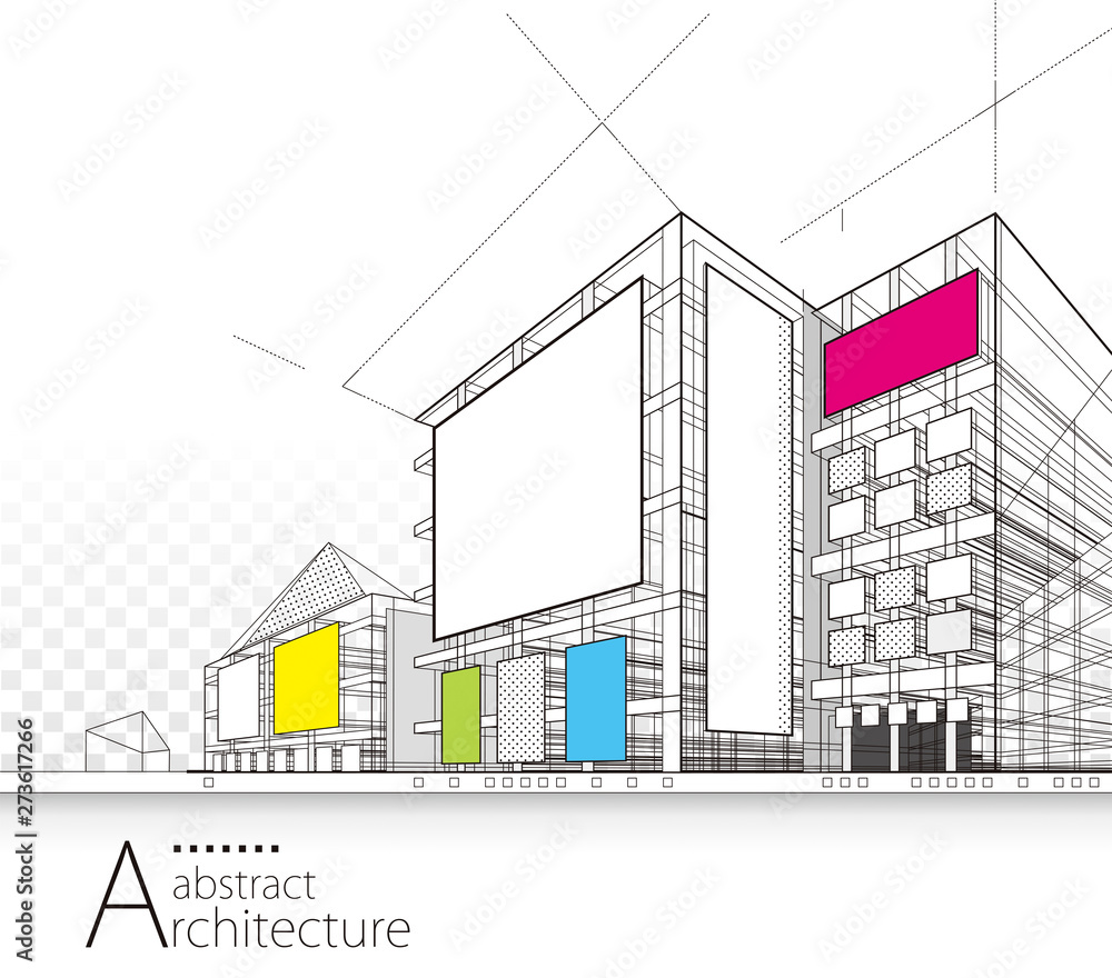 3D illustration architecture building perspective design, modern urban architecture abstract background.