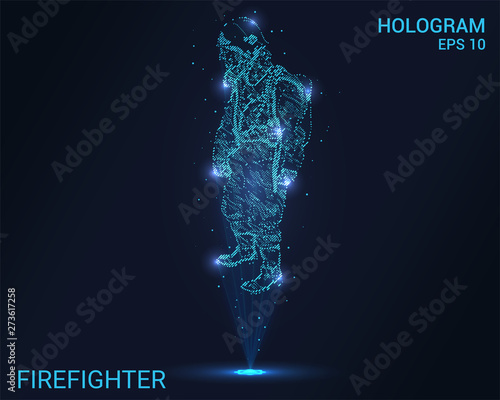 Hologram fireman. Holographic projection of firefighter. Flickering energy flux of particles.