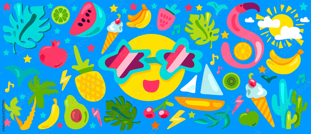 Tropical summer flat illustrations set Tropical summer flat illustrations set