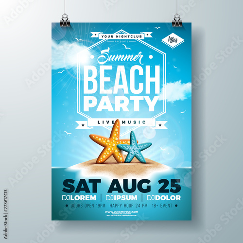Vector Summer Party Flyer Design with Starfish and Tropical Island on Ocean Blue Background. Summer Holiday Celebration Design template with Typography Letter for Banner, Flyer, Invitation, Poster.