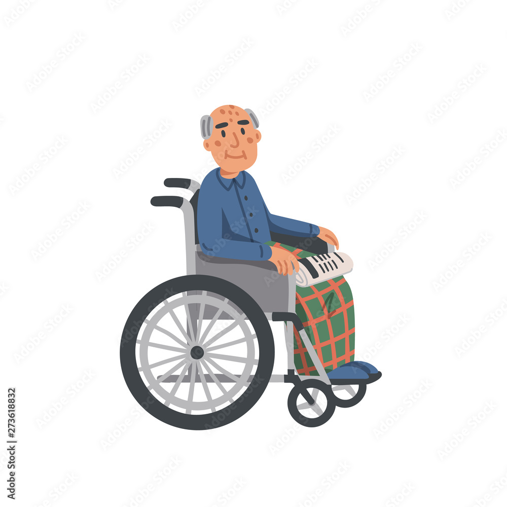 Elderly man in wheelchair. Old man grandfather disabled in wheelchair isolated on white background. Nursing home. Senior people healthcare assistance flat Vector illustration. Elderly man in wheelchair. Old man grandfather disabled in wheelchair isolated on white background. Nursing home. Senior people healthcare assistance flat Vector illustration.