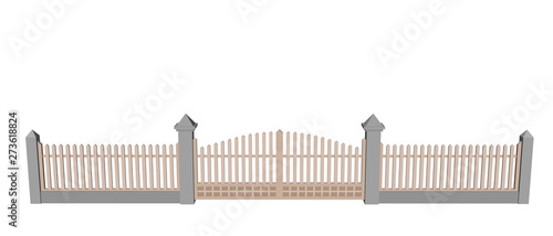 Wooden fence with gate. Isolated on white background. Vector illustration.
