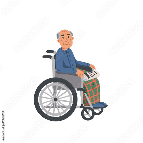 Elderly man in wheelchair. Old man grandfather disabled in wheelchair isolated on white background. Nursing home. Senior people healthcare assistance flat Vector illustration.