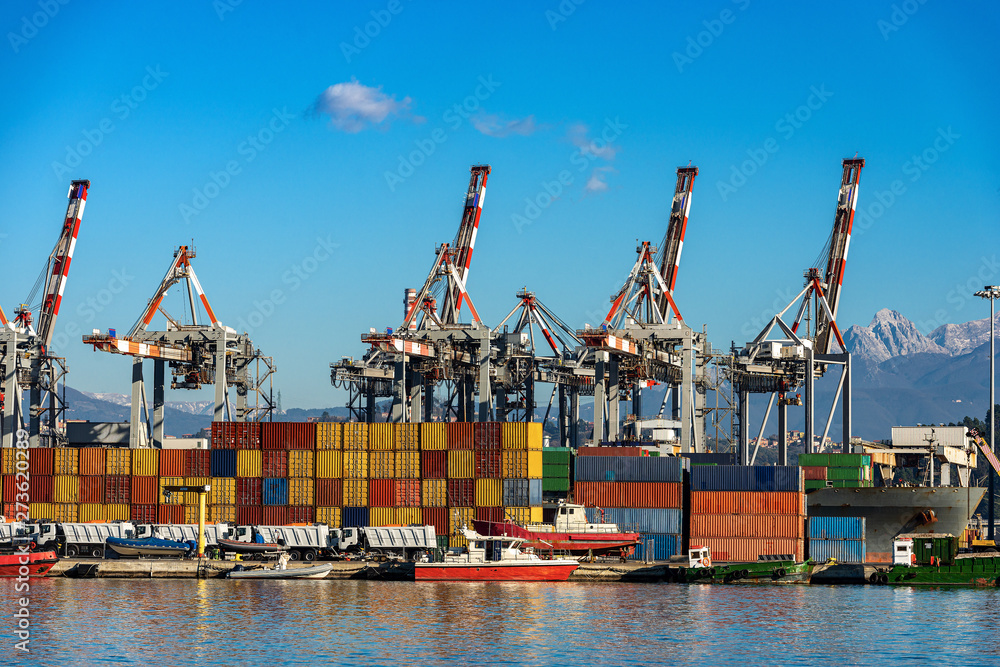 Commercial dock of La Spezia with container ship and cranes. Harbor in Liguria, Mediterranean sea, Italy, Europe