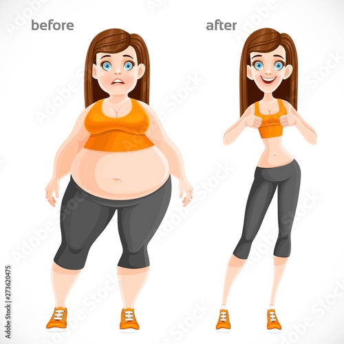 Pretty girl very full before and thin after losing weight in a tracksuit isolated on white background