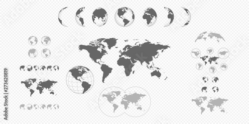 Earth Map Collection. Black earth globes icons isolated on transparent background